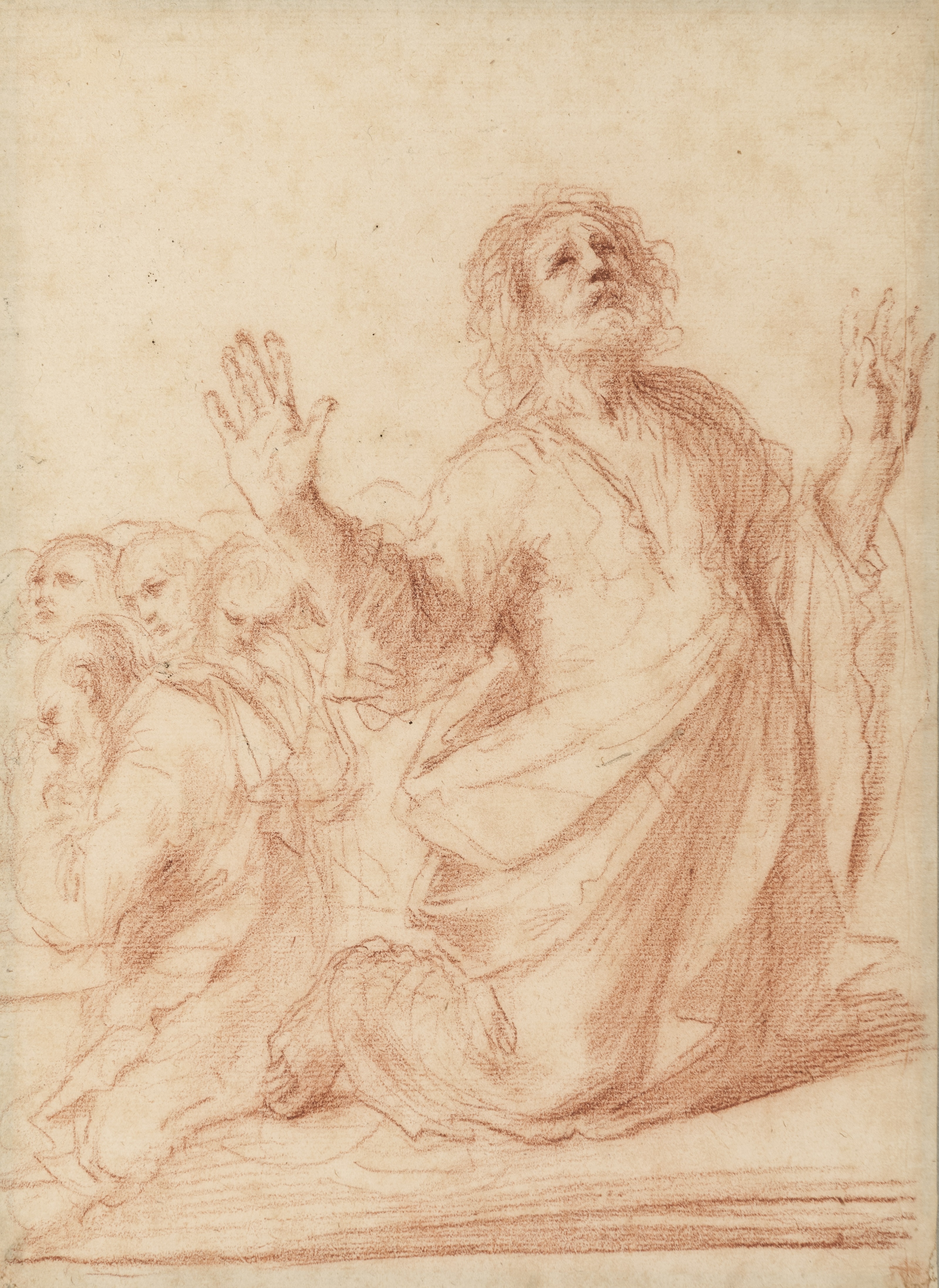 A Saint Kneeling in Prayer, with Other Figures Beyond